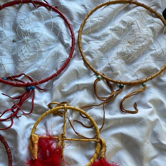 Lot of 5 Dreamcatcher Style Wall Hangings Leather Wrapped Hoops Beads & Feathers - Picture 2 of 10